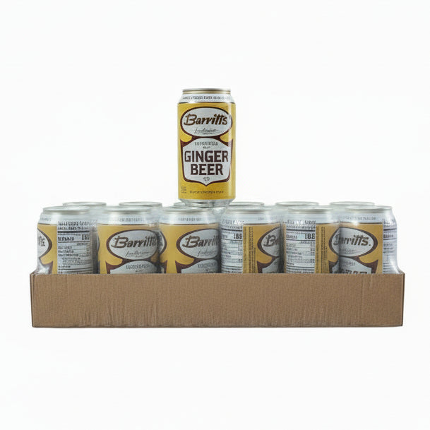 Stack of Barratt's ginger beer boxes in a store setting
