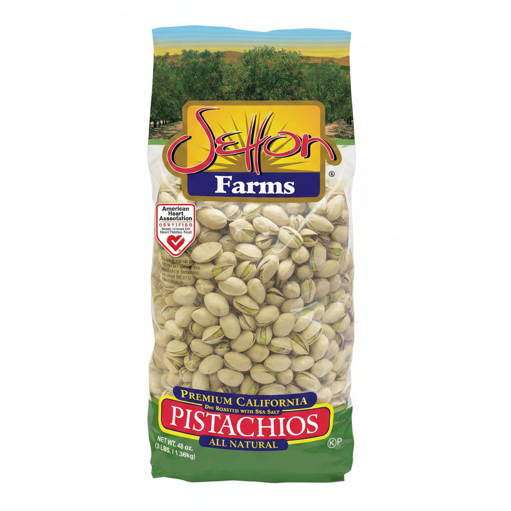 Bag of Jaffon Farms pistachios with a scenic background