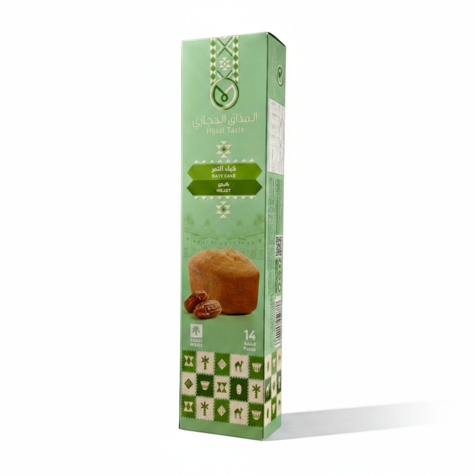 Green packaging box with bread illustration on a dark red background