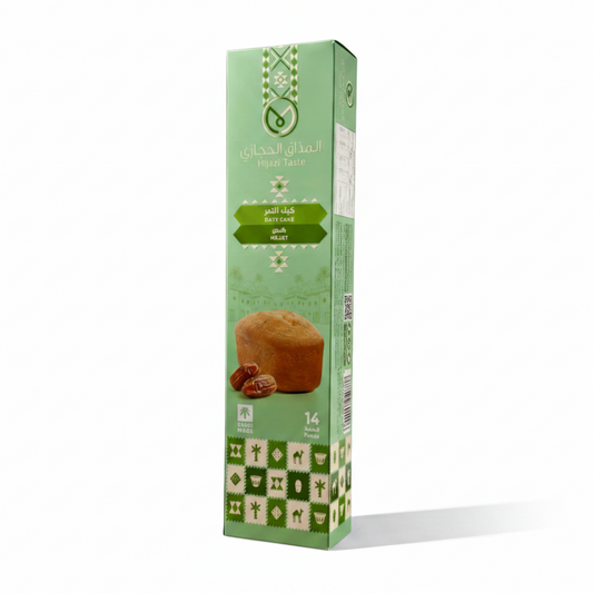 Green packaging box with bread illustration on a dark red background