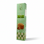 Green packaging box with bread illustration on a dark red background