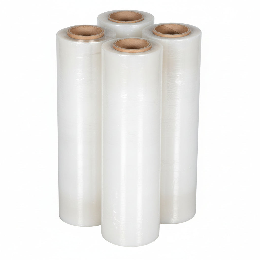 Four rolls of clear plastic wrap on a white background