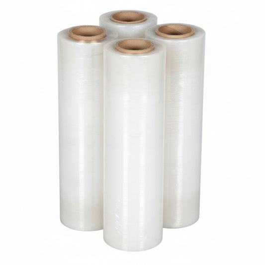 Four rolls of clear plastic wrap on a white background